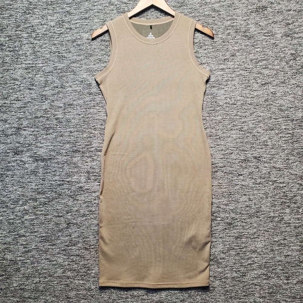 prAna Becksa Dress Womens Small Tan Ribbed Tank Midi Sheath Athletic Travel Chic